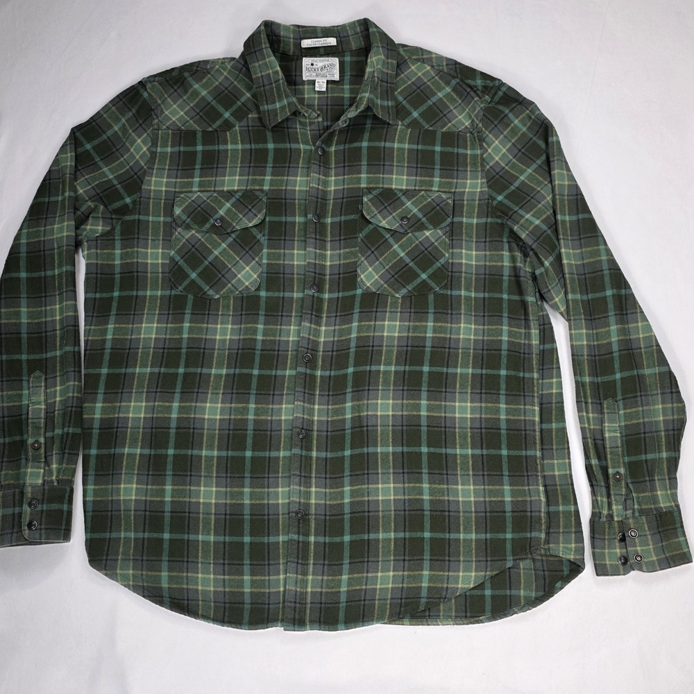 Lucky Brand Men's Button Up Shirt Size XL Green Plaid Flannel Black Pearl Snaps